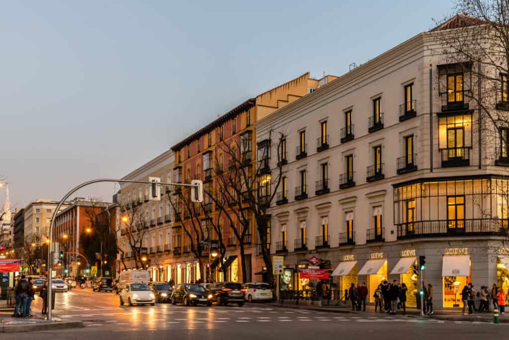 The corner of Goya and Serrano streets in Salamanca District in Madrid